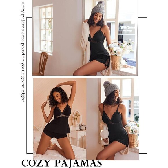 Women Black Sleepwear Lace Pajamas Cami PJS Set Pajama - Picture 7 of 8